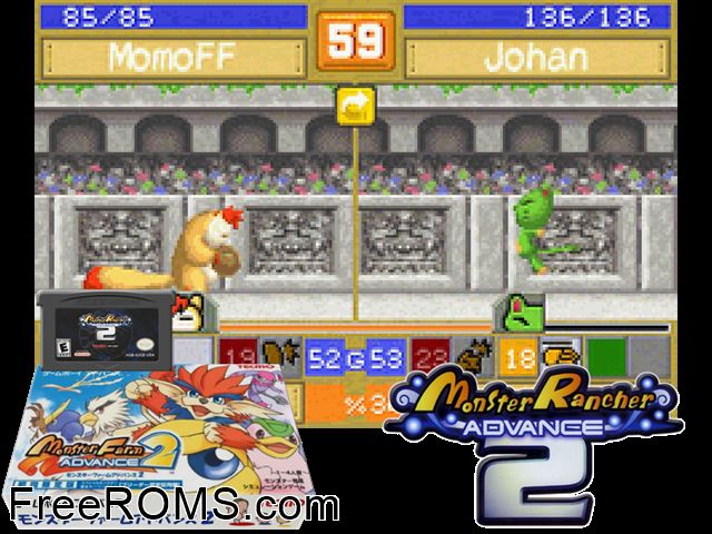 Monster Farm Advance 2 (Japan) Gameboy Advance game showing 3D box cover and gameplay screenshot