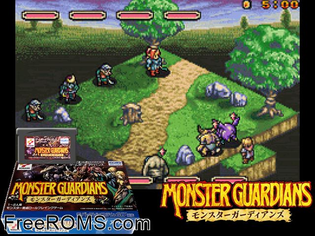 Monster Guardians (Japan) Gameboy Advance game showing 3D box cover and gameplay screenshot