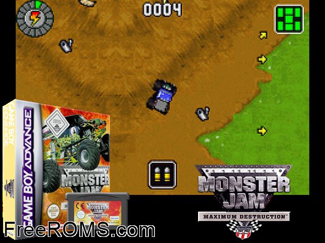 Monster Jam - Maximum Destruction Gameboy Advance game showing 3D box cover and gameplay screenshot