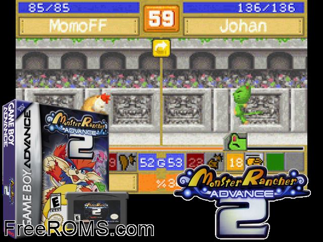 Monster Rancher Advance 2 Gameboy Advance game showing 3D box cover and gameplay screenshot
