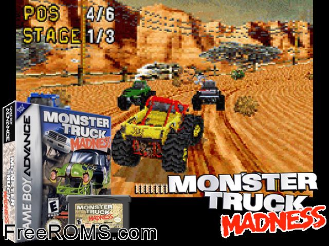 Monster Truck Madness Gameboy Advance game showing 3D box cover and gameplay screenshot