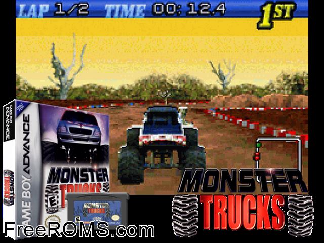 Monster Trucks Gameboy Advance game showing 3D box cover and gameplay screenshot