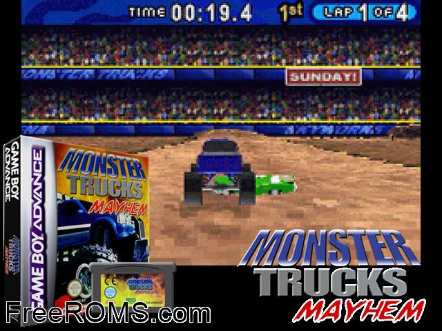 Monster Trucks Mayhem Gameboy Advance game showing 3D box cover and gameplay screenshot