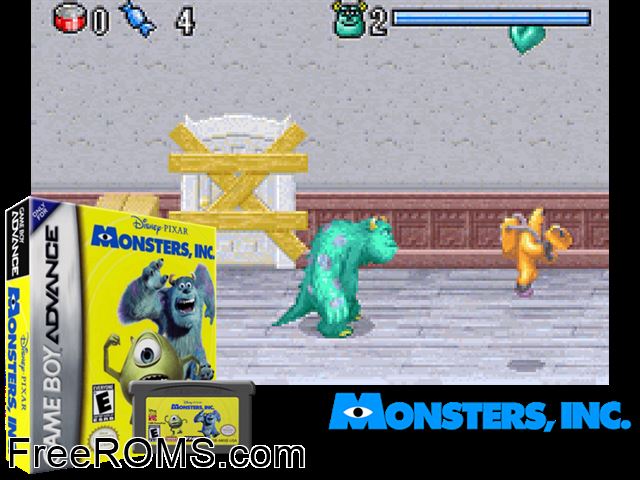 Monsters, Inc. Gameboy Advance game showing 3D box cover and gameplay screenshot