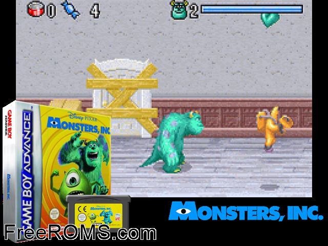 Monsters, Inc. (Eng-Fre-Ita) Gameboy Advance game showing 3D box cover and gameplay screenshot