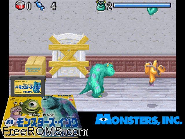 Monsters, Inc. (Japan) Gameboy Advance game showing 3D box cover and gameplay screenshot