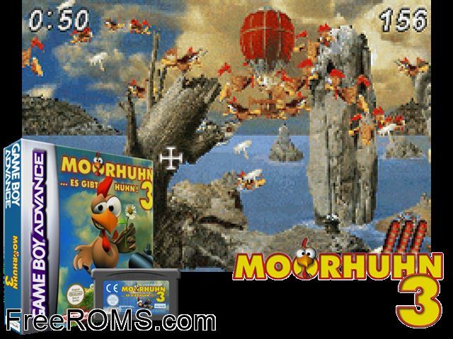 Moorhen 3 - The Chicken Chase! Gameboy Advance game showing 3D box cover and gameplay screenshot
