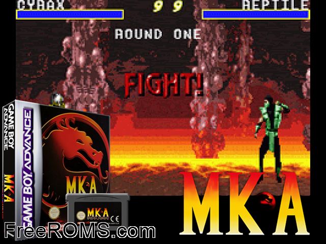 Mortal Kombat Advance Gameboy Advance game showing 3D box cover and gameplay screenshot