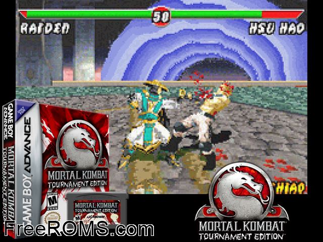 Mortal Kombat - Tournament Edition Gameboy Advance game showing 3D box cover and gameplay screenshot