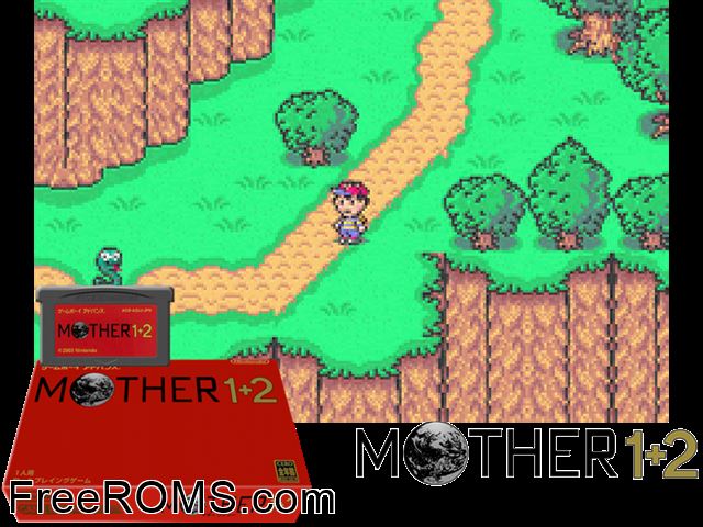 Mother 1+2 (Japan) Gameboy Advance game showing 3D box cover and gameplay screenshot