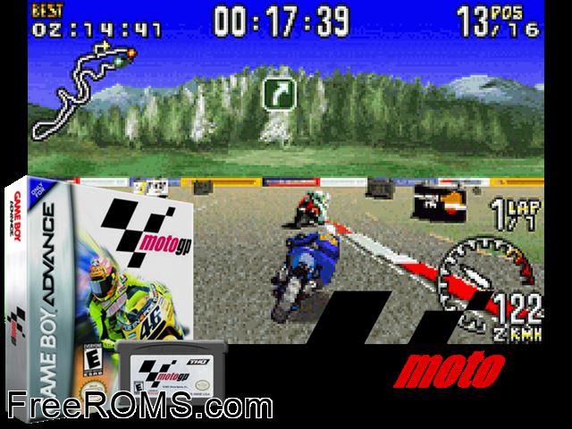 Moto Gp Gameboy Advance game showing 3D box cover and gameplay screenshot
