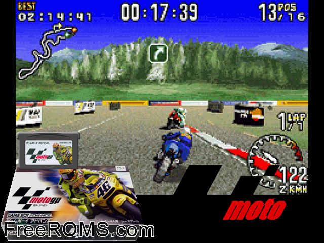 Moto Gp (Japan) Gameboy Advance game showing 3D box cover and gameplay screenshot