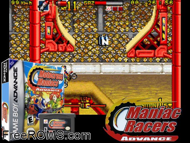 Motocross Maniacs Advance Gameboy Advance game showing 3D box cover and gameplay screenshot