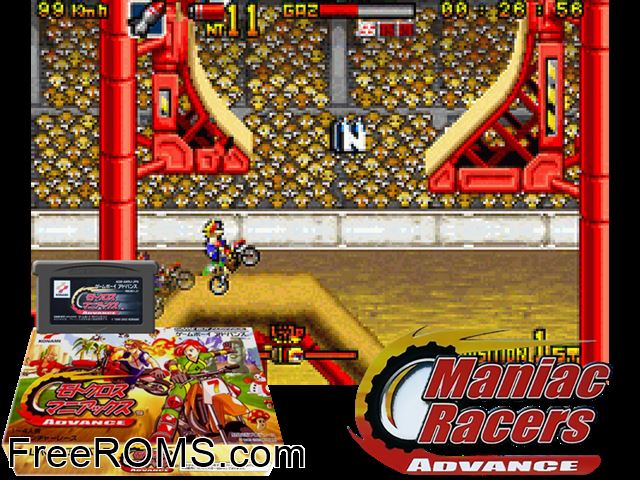 Motocross Maniacs Advance (Japan) Gameboy Advance game showing 3D box cover and gameplay screenshot