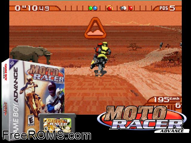 Motoracer Advance Gameboy Advance game showing 3D box cover and gameplay screenshot