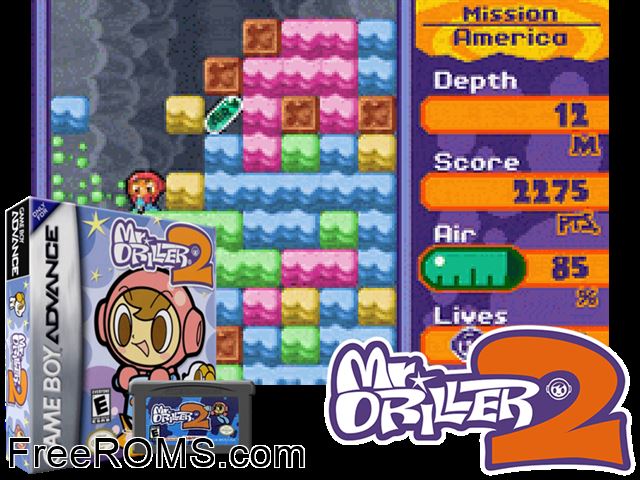 Mr. Driller 2 Gameboy Advance game showing 3D box cover and gameplay screenshot