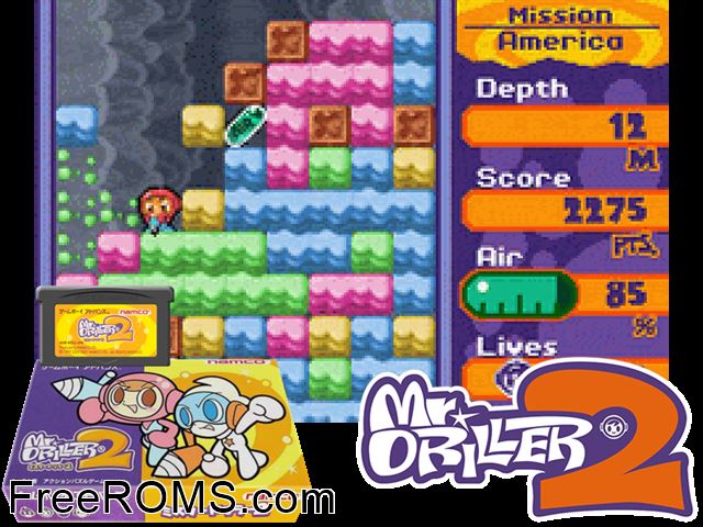 Mr. Driller 2 (Japan) Gameboy Advance game showing 3D box cover and gameplay screenshot