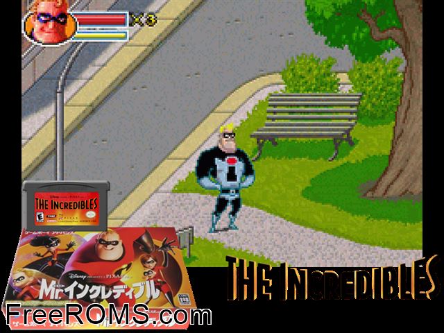 Mr. Incredible (Japan) Gameboy Advance game showing 3D box cover and gameplay screenshot