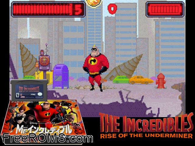 Mr. Incredible - Kyouteki Under Minor Toujyou (Japan) Gameboy Advance game showing 3D box cover and gameplay screenshot