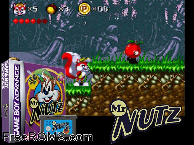 Mr Nutz Gameboy Advance game showing 3D box cover and gameplay screenshot