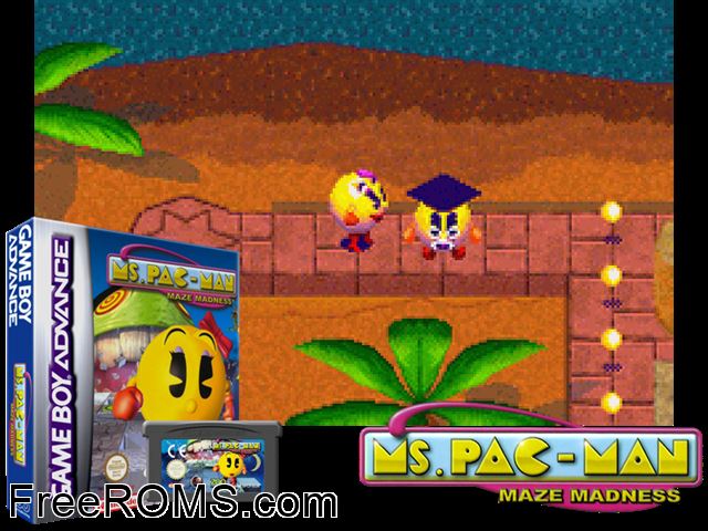 Ms. Pac-Man - Maze Madness Gameboy Advance game showing 3D box cover and gameplay screenshot