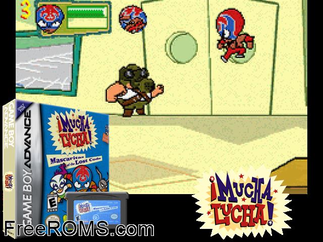 Mucha Lucha! - Mascaritas Of The Lost Code Gameboy Advance game showing 3D box cover and gameplay screenshot