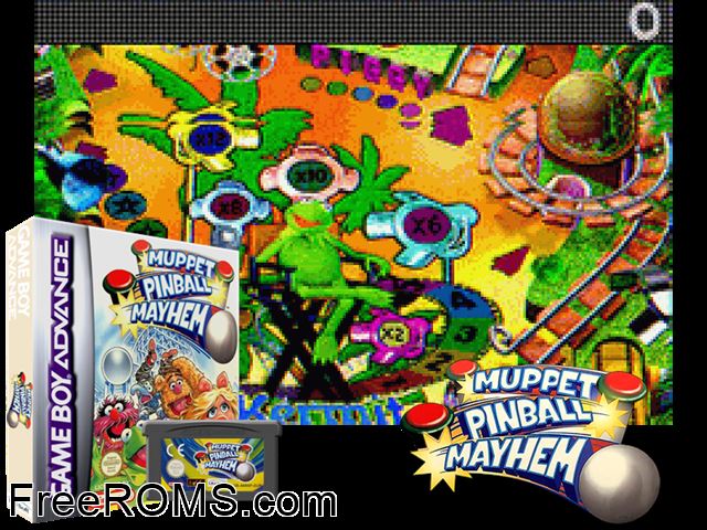 Muppet Pinball Mayhem Gameboy Advance game showing 3D box cover and gameplay screenshot