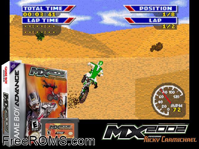 Mx 2002 Featuring Ricky Carmichael Gameboy Advance game showing 3D box cover and gameplay screenshot