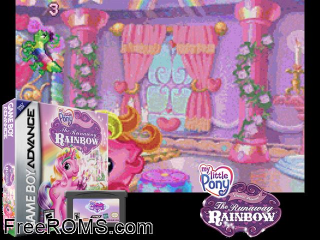 My Little Pony - Crystal Princess - The Runaway Rainbow Gameboy Advance game showing 3D box cover and gameplay screenshot