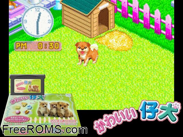 Nakayoshi Pet Advance Series 2 - Kawaii Koinu (Japan) Gameboy Advance game showing 3D box cover and gameplay screenshot