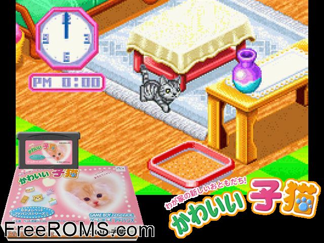 Nakayoshi Pet Advance Series 3 - Kawaii Koneko (Japan) (V1.1) Gameboy Advance game showing 3D box cover and gameplay screenshot
