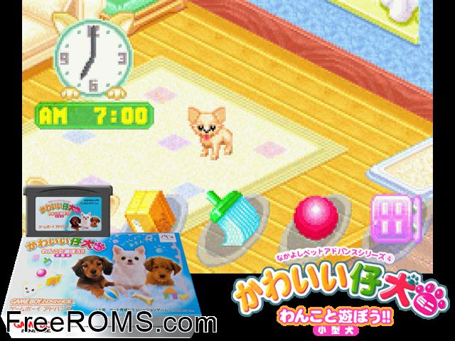 Nakayoshi Pet Advance Series 4 - Kawaii Koinu Mini - Wankoto Asobou!! Kogata-Ken (Japan) Gameboy Advance game showing 3D box cover and gameplay screenshot