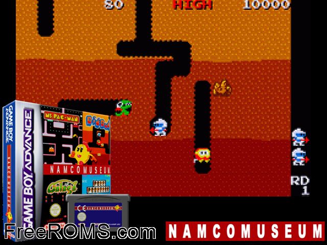Namco Museum Gameboy Advance game showing 3D box cover and gameplay screenshot