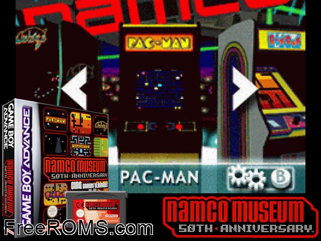 Namco Museum - 50th Anniversary Gameboy Advance game showing 3D box cover and gameplay screenshot