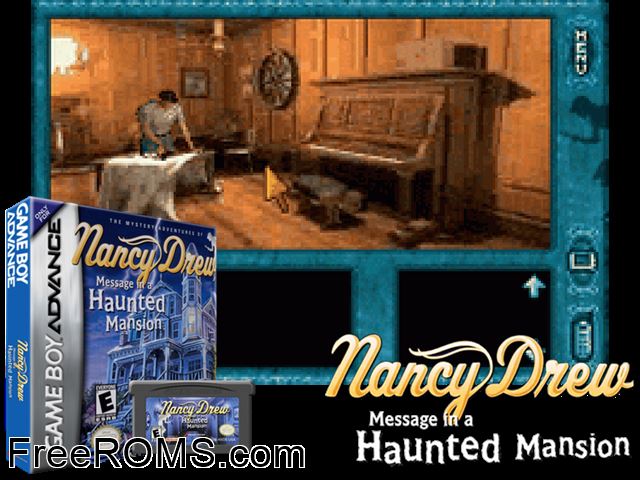 Nancy Drew - Message In A Haunted Mansion Gameboy Advance game showing 3D box cover and gameplay screenshot