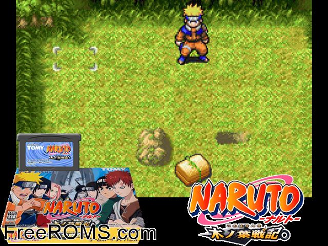 Naruto - Konoha Senki (Japan) Gameboy Advance game showing 3D box cover and gameplay screenshot
