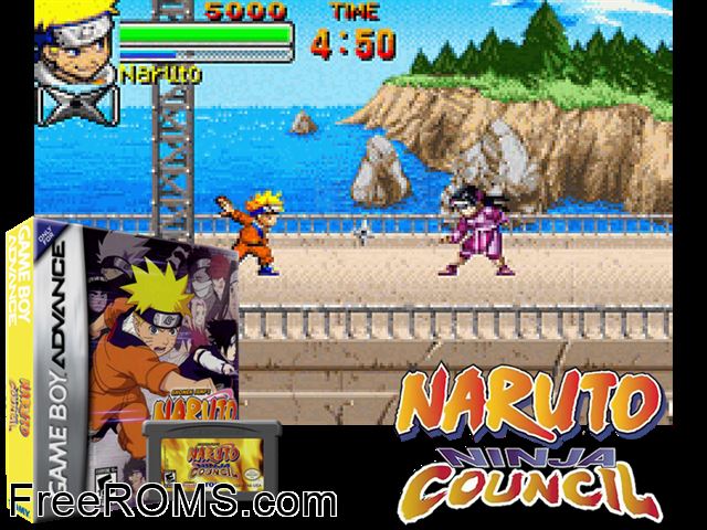 Naruto - Ninja Council Gameboy Advance game showing 3D box cover and gameplay screenshot