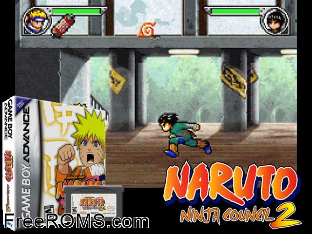 Naruto - Ninja Council 2 Gameboy Advance game showing 3D box cover and gameplay screenshot