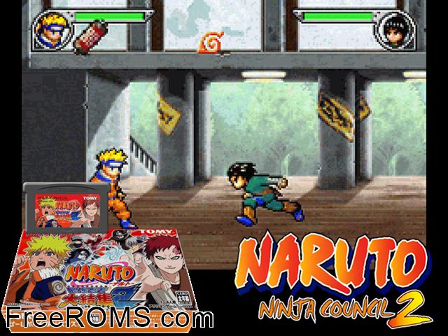 Naruto - Saikyou Ninja Daikesshuu 2 (Japan) Gameboy Advance game showing 3D box cover and gameplay screenshot