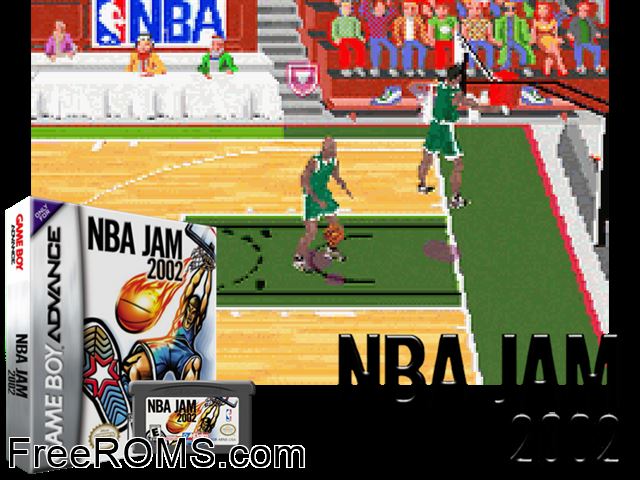 Nba Jam 2002 Gameboy Advance game showing 3D box cover and gameplay screenshot