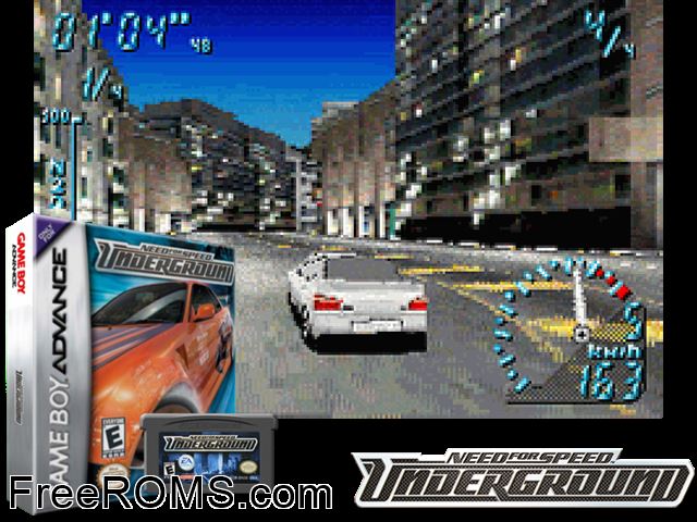 Need For Speed Underground Gameboy Advance game showing 3D box cover and gameplay screenshot