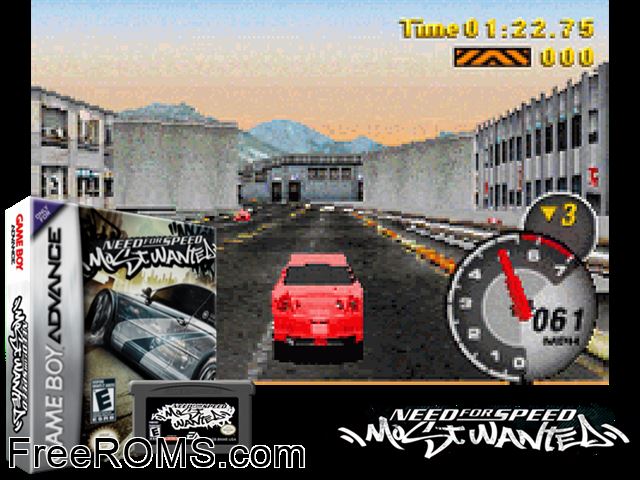 Need For Speed - Most Wanted Gameboy Advance game showing 3D box cover and gameplay screenshot