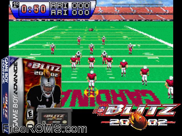 NFL Blitz 20-02 Gameboy Advance game showing 3D box cover and gameplay screenshot