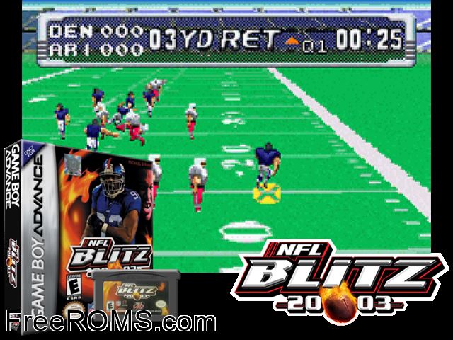 NFL Blitz 20-03 Gameboy Advance game showing 3D box cover and gameplay screenshot