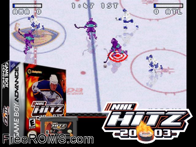 Nhl Hitz 20-03 Gameboy Advance game showing 3D box cover and gameplay screenshot