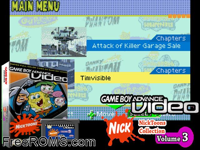 Nicktoons Collection - Volume 3 (Video) Gameboy Advance game showing 3D box cover and gameplay screenshot