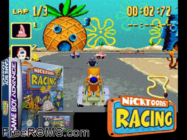 Nicktoons Racing Gameboy Advance game showing 3D box cover and gameplay screenshot