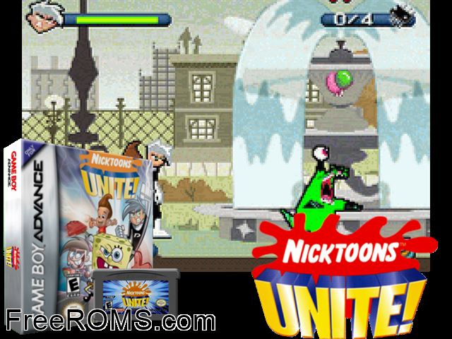 Nicktoons Unite! Gameboy Advance game showing 3D box cover and gameplay screenshot