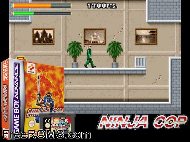 Ninja Cop Gameboy Advance game showing 3D box cover and gameplay screenshot