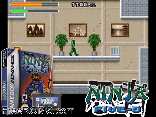 Ninja Five-0 Gameboy Advance game showing 3D box cover and gameplay screenshot